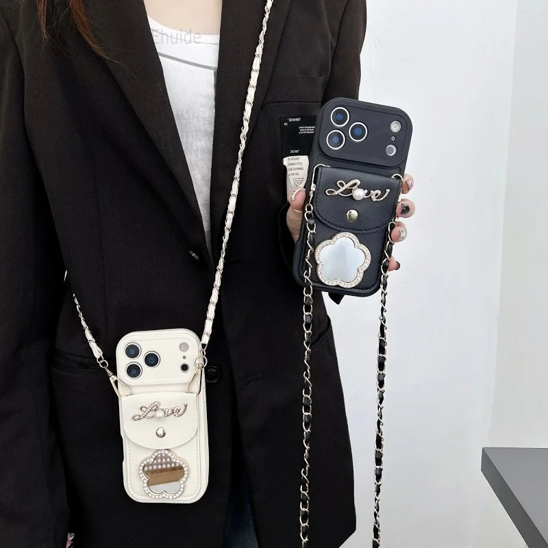Elegant Mirror Wallet Case with Strap and Card Slot - Crossbody Flower Bag Cover
