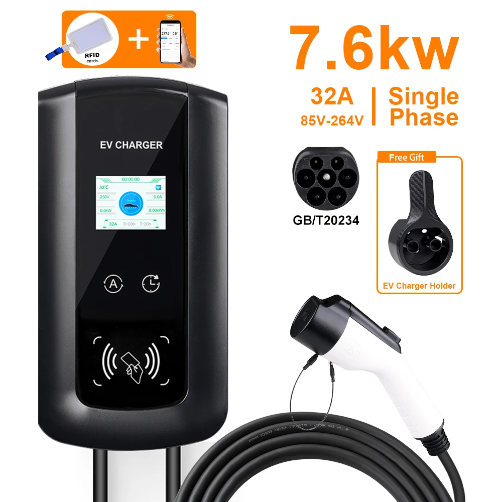 

EV Charger GB/T Cord 32A 7KW 1Phase 11KW 22KW 3 Phase APP Card Control EVSE Wallbox for Electric Vehicle Car Charging 5m Cable