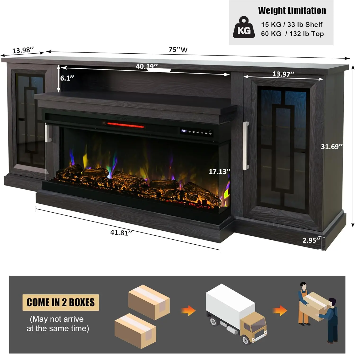 75-inch Electric FireplaceTV Stand 3-side Glass LED Modern Media Entertainment Center Console Adjustable Flame 40-inch Fireplace 6