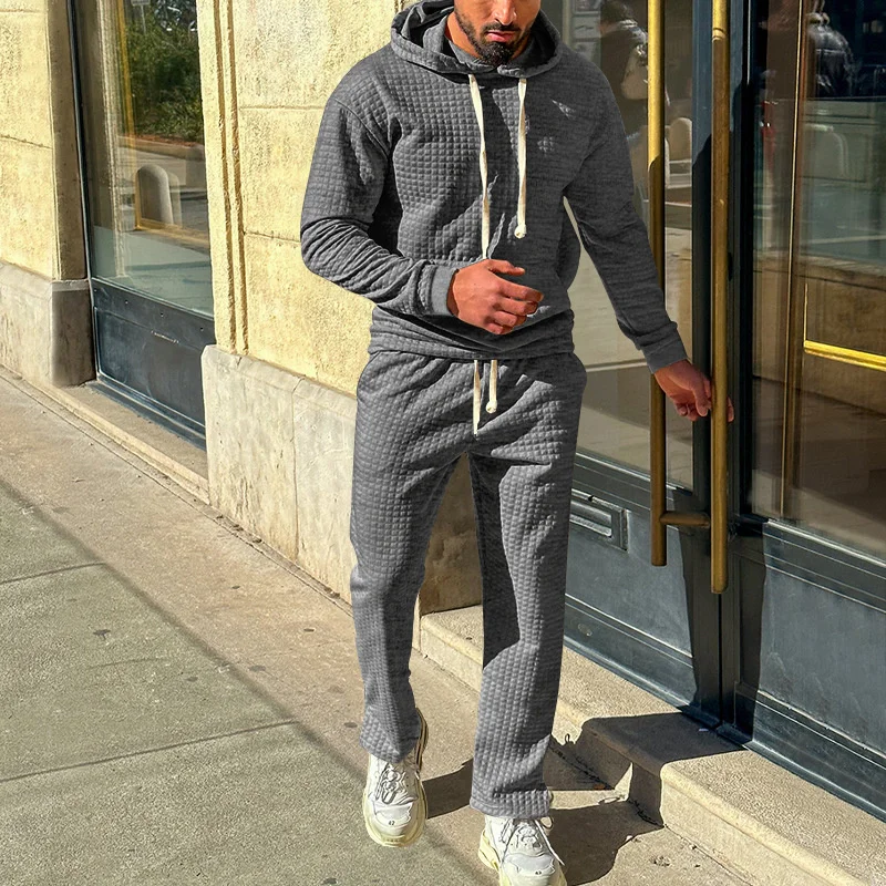 Men's Small Square Fabric Suits Autumn Splicing Kangaroo Pocket Hooded Sweatshirt Loose Waist Lace-up Pants Male Two-piece Sets