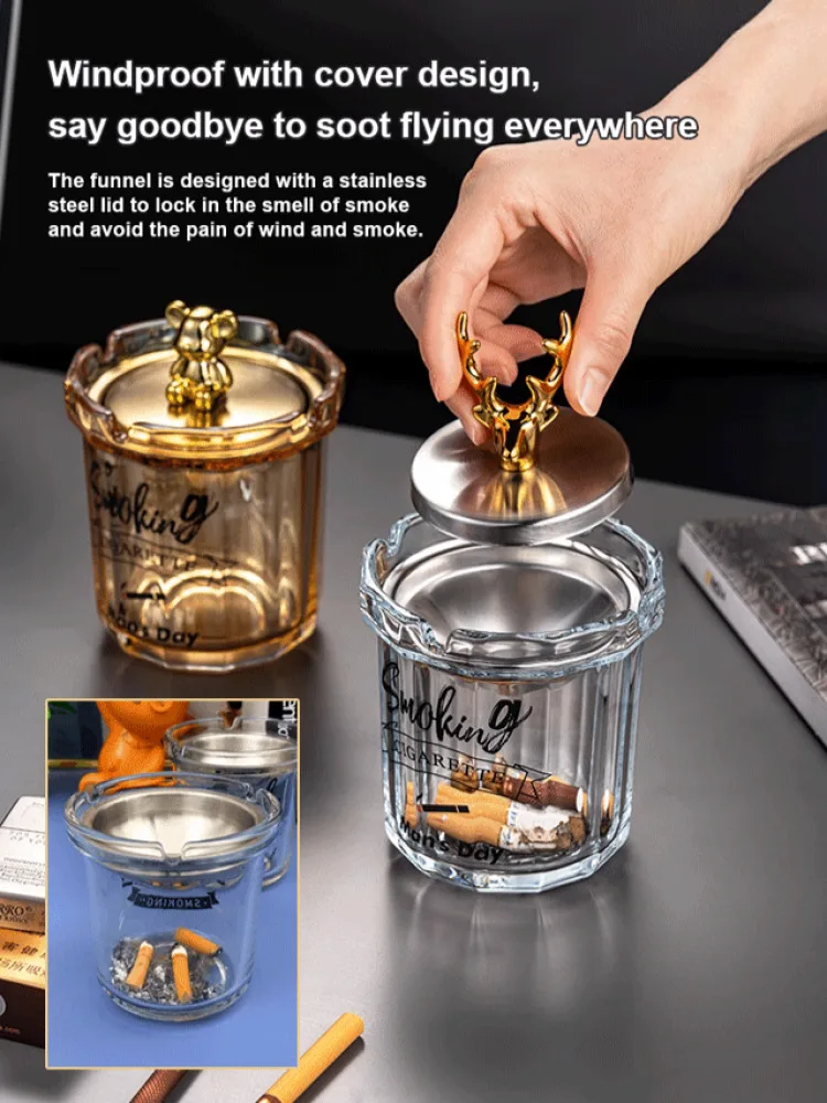 Household windproof automatic glass ashtray cover antiflying stainless steel