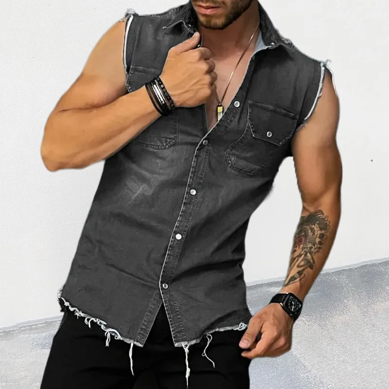 Casual Sle Button up Denim Vest Svel Faionable Summer Top for Young Men Trendy Polyester Fabric Multi kets Design
