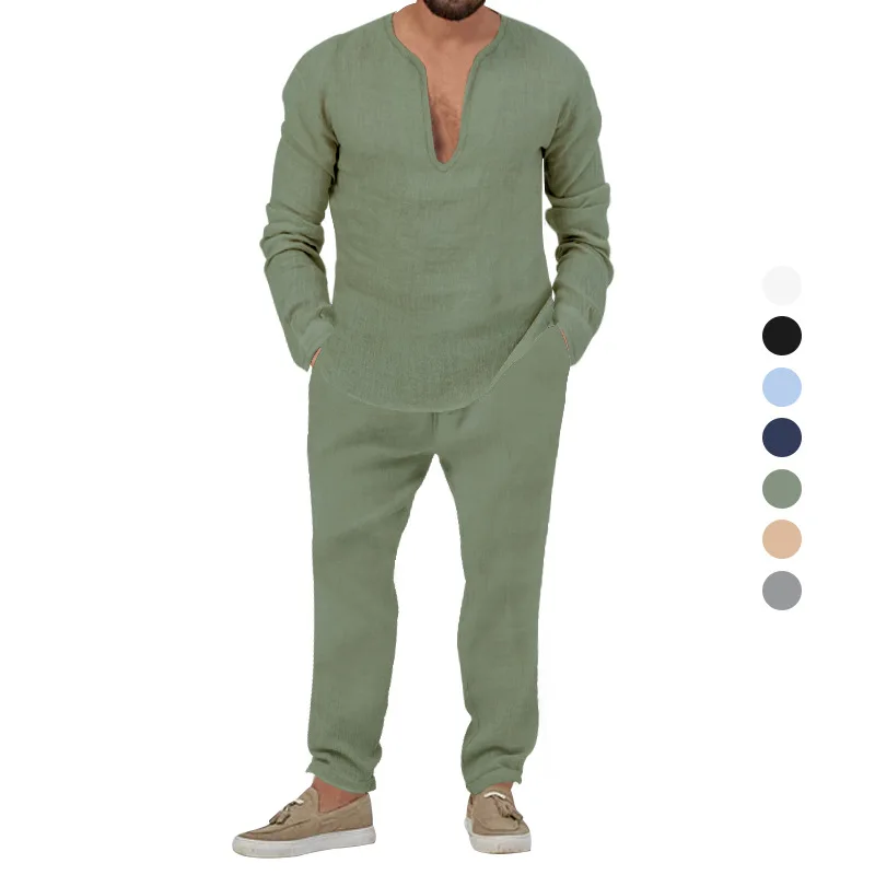 Mens Waffle Long Sleeved Lapel V-neck Top Drawstring Pants Tracksuits 2Pcs Set Outfit Long Sleeve Pants Suit Casual Clothing Set
