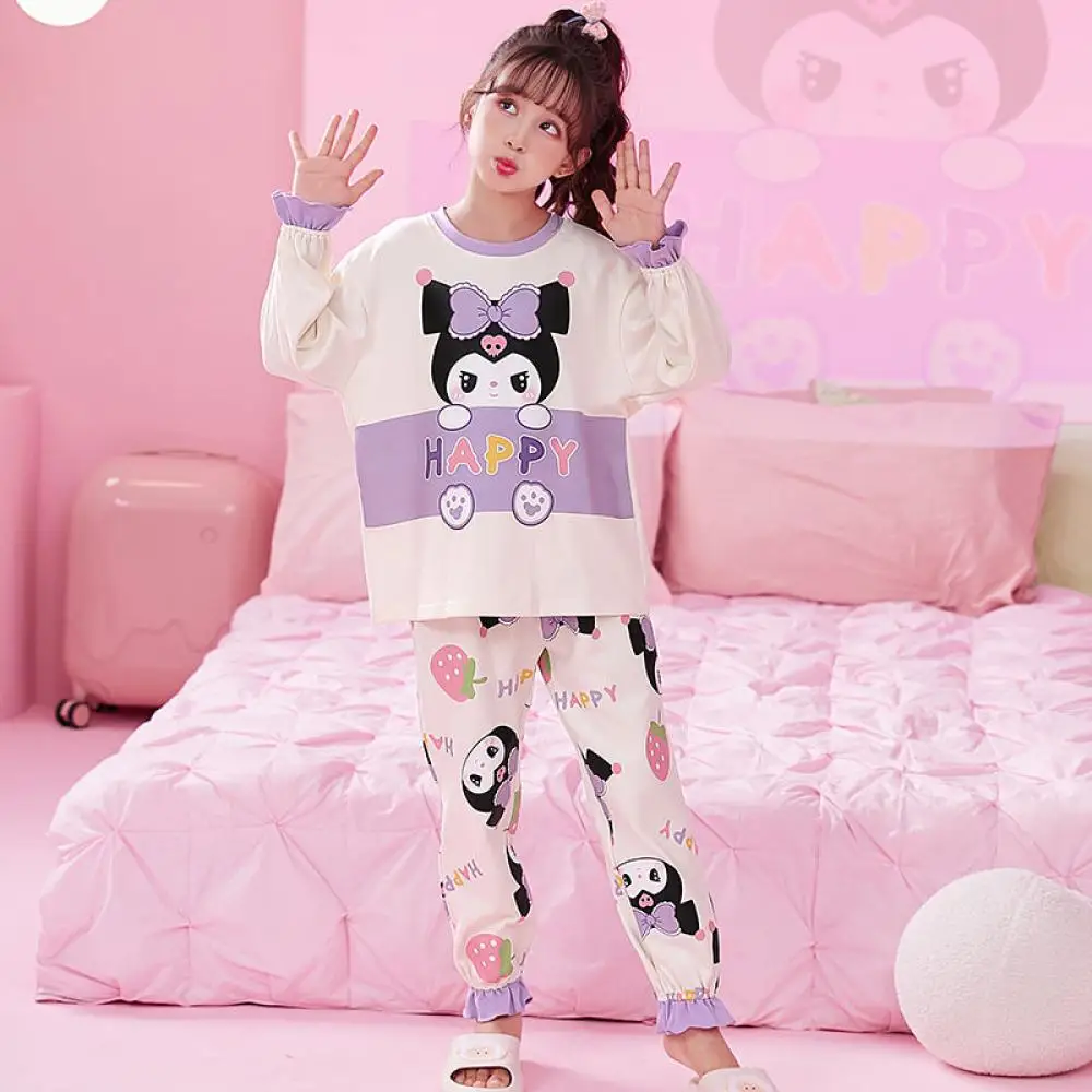 

Детский Пижамный костюм Sanrio Kuromi, домашняя одежда с длинными рукавами из чистого хлопка, мягкая, прилегающая к телу, удобная мультяшная кавайная популярная