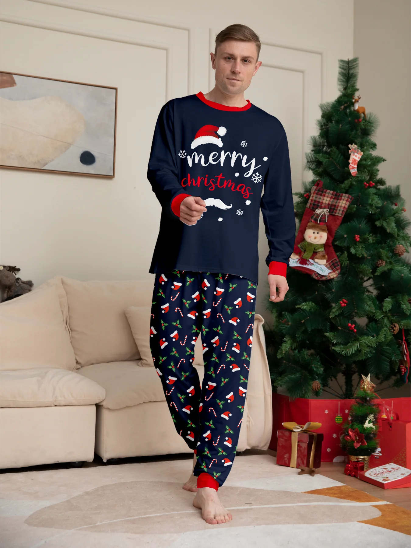 Christmas Family Matching Outfits Mother Father Kids Pajamas Set Santa Hat Print Loose Xmas Sleepwear Baby Romper Dog Clothes 3