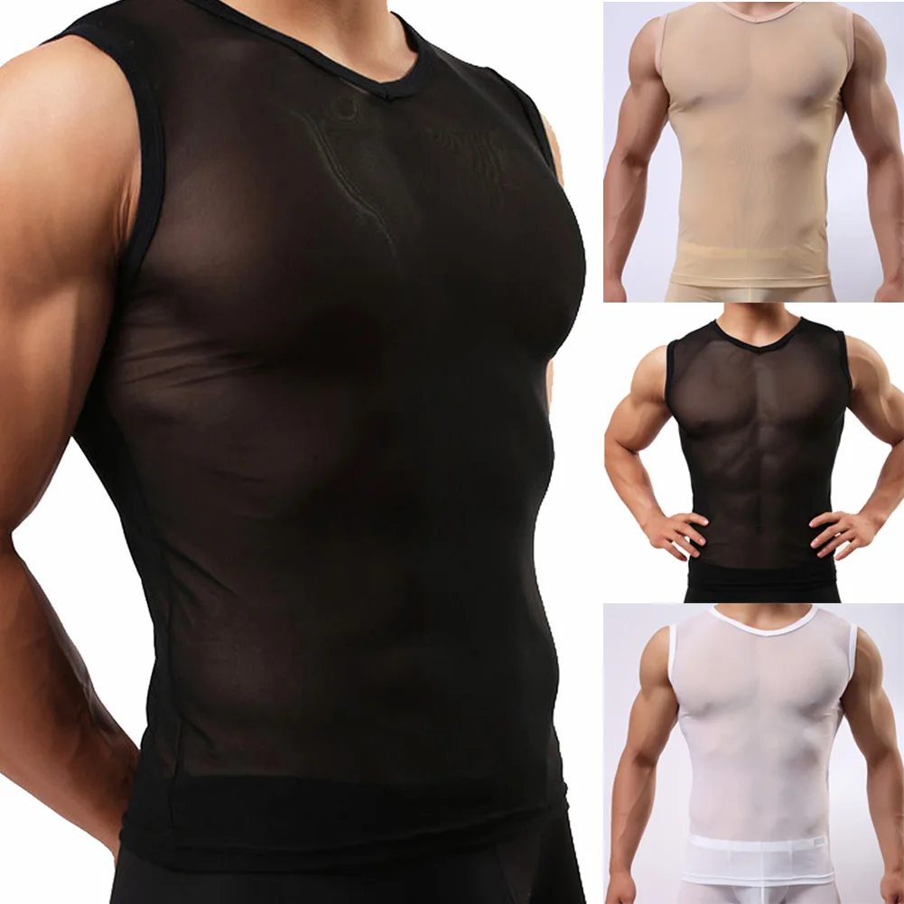 Sexy Men Summer See-Through Fishnet Undershirt T-Shirt Clubwear Running Short Sleeve Tank Top Comfortable Vest Undershirt