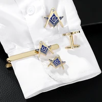Blue Masonic Mason Compasses Crystal Cufflinks Freemason Tie Clip For Men Suit Shirt Jewelry 2