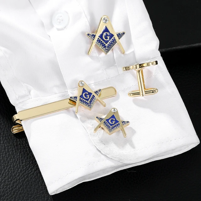 Blue Masonic Mason Compasses Crystal Cufflinks Freemason Tie Clip For Men Suit Shirt Jewelry 2