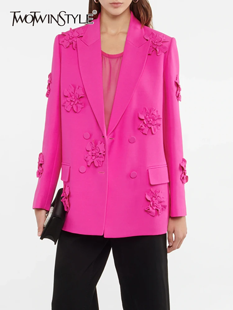 

TWOTWINSTYLE Solid Spliced Appliques For Women Notched Collar Long Sleeve Patchwork Double Breasted Elegant Chic Blazer Female