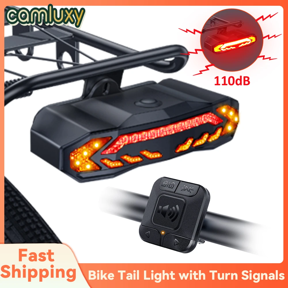 Camluxy 110dB Bike Tail Light for Cargo Rack with Turn Signals Brake Light Rechargeable Remote Bike Horn Alarm
