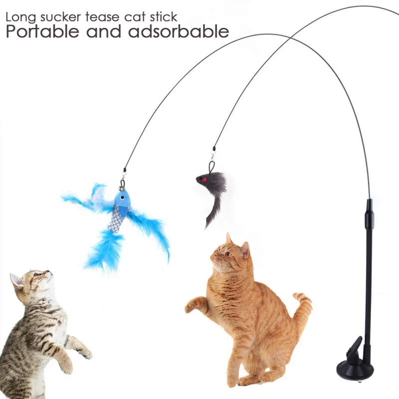 Upgraded Strong Suction Cup Steel Wire Long Rod Feather Cat-Teasing Stick  Cat Self-Hi Funny Kitten Toys Cat Fishing Pole Toy - AliExpress