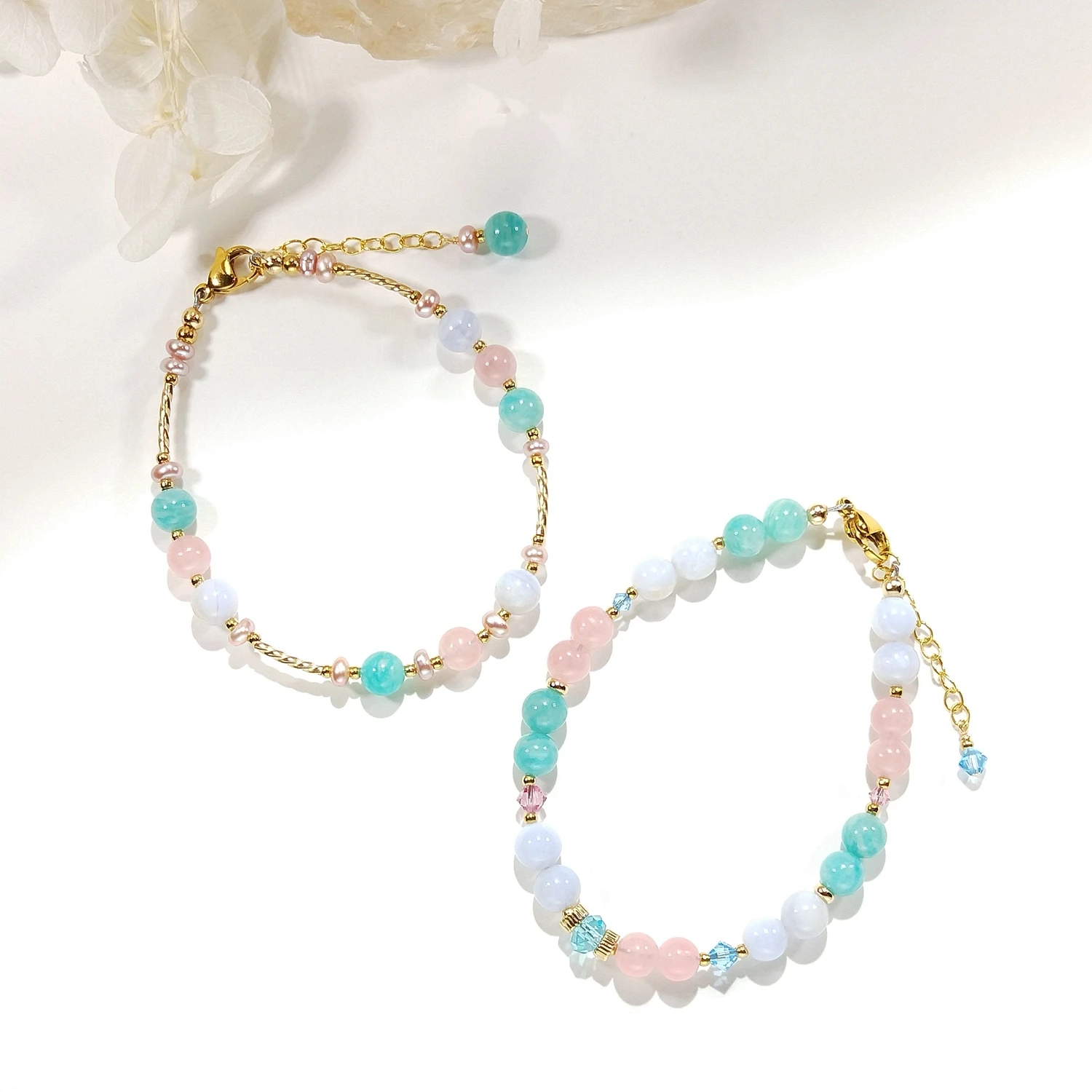 

Lii Ji Rose Quartz Amazonite Blue Lace Agate 6mm American 14K Gold Filled Charm Bracelet Handmade Fashion Jewelry