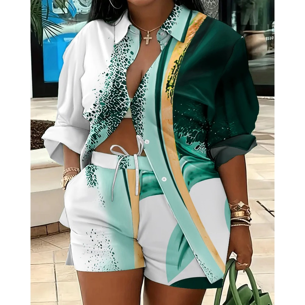 Casual Long Sleeve Two Piece Set for Women All Over Abstract Print Buttoned Shirt & Drawstring Shorts Streetwear Summer Outfits