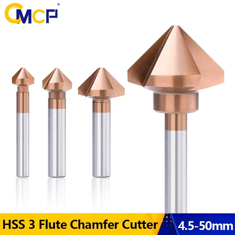 CMCP 3 Flute Chamfer Cutter 90 Degrees TiCN Coated HSS Drill Bit 4.5-50mm Countersink Drill Bit Wood Metal Hole Cutter
