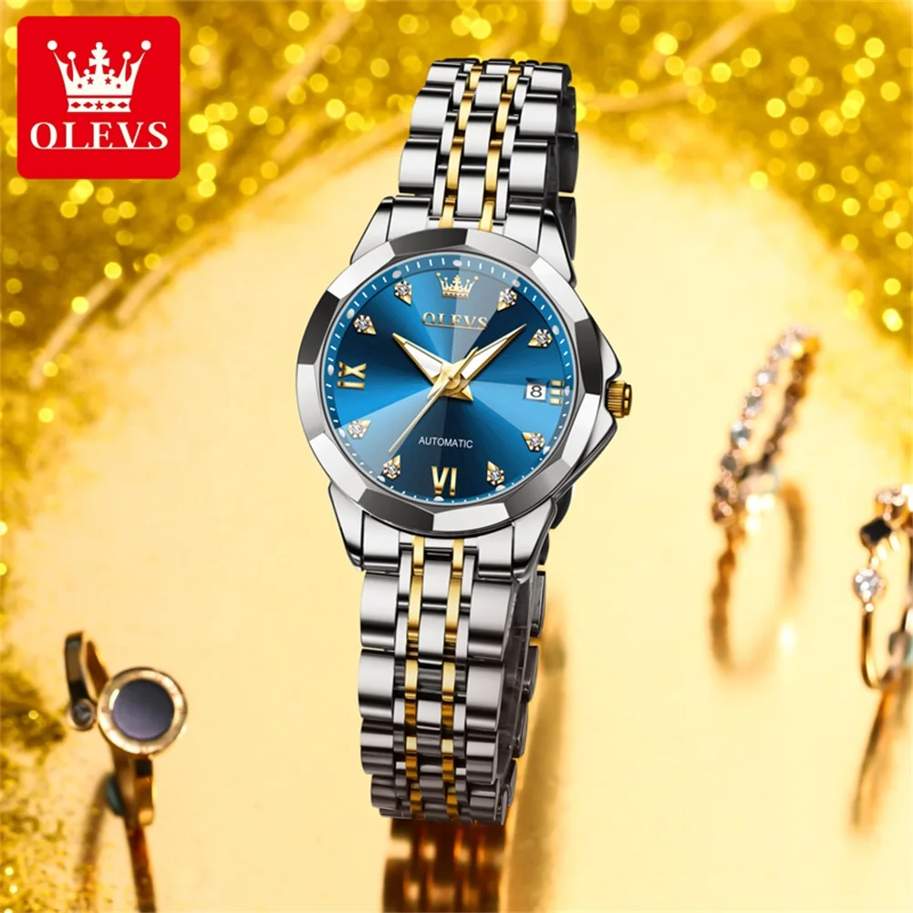 OLEVS 9982 Woman Automatic Watch Rhombus Mirror Mechanical Watch For Women Steel Strap Luxury Waterproof Date Ladies Wristwatch