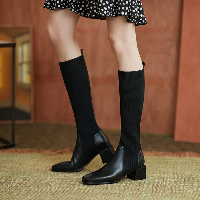 Women Knitted Long Boots  Autumn Winter New Knee High Socks Shoes Woman Fashion Slip on High Heels Retro Elastic Botas Mujer