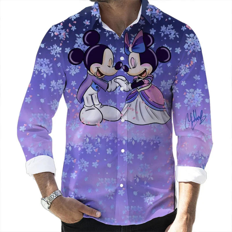 

2022 Fall Hot Disney Cartoon Casual 3D Printed Long Sleeve Lapel Shirt Slim Fit Mickey and Stitch Brand Men's Top