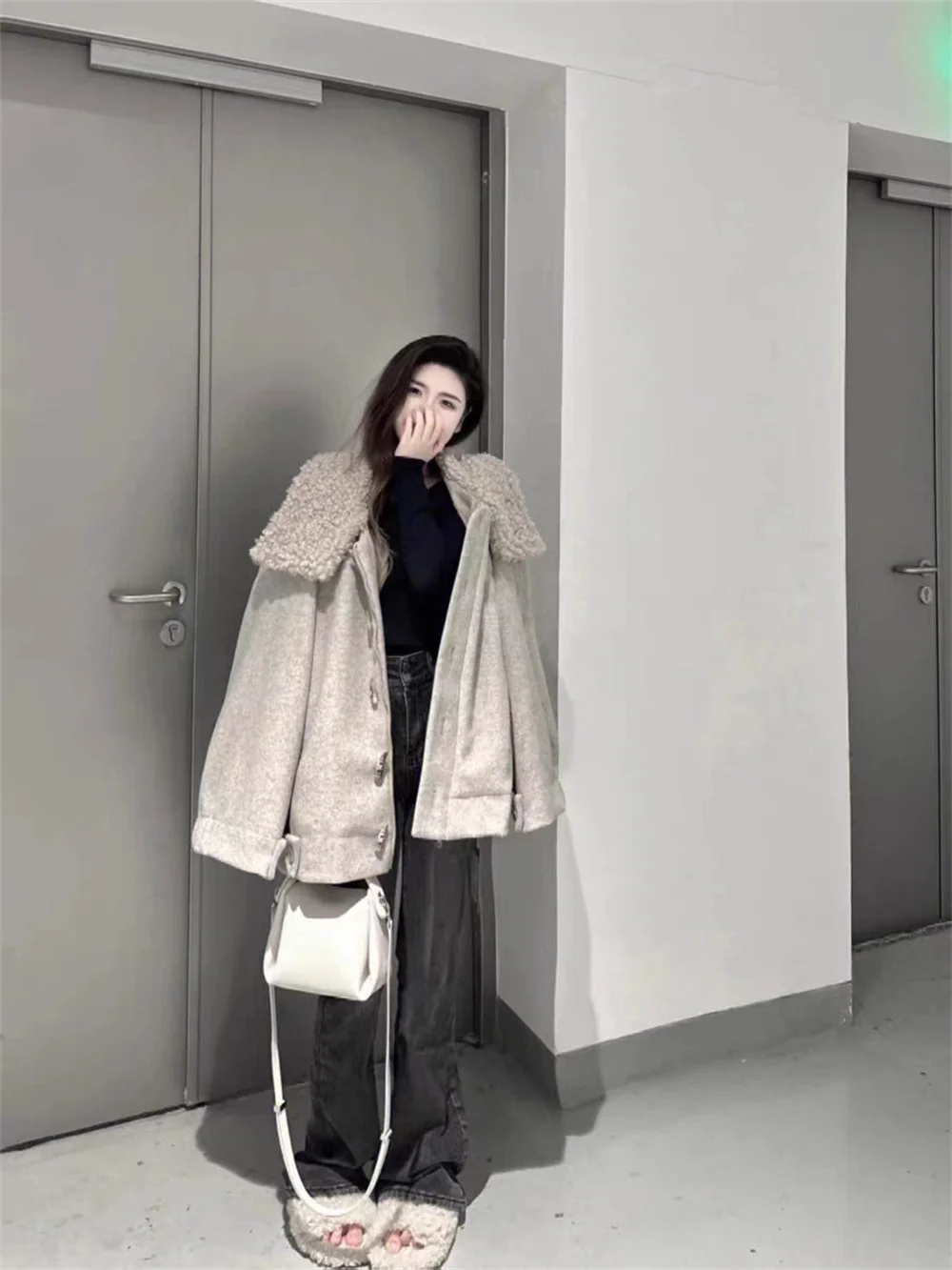 American Oversize Versatile Woolen Coat Women's Winter Cowhorn Button Thickened Motorcycle Coat 2023 New
