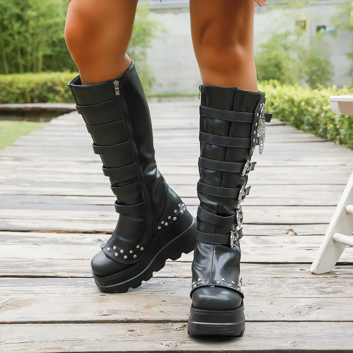 Women Flat Platform Zipper Shoes Round Toe Knee High Ankle Boots Comfortable Anti-slip Outdoor Boots Outdoor Zapatos De Mujer