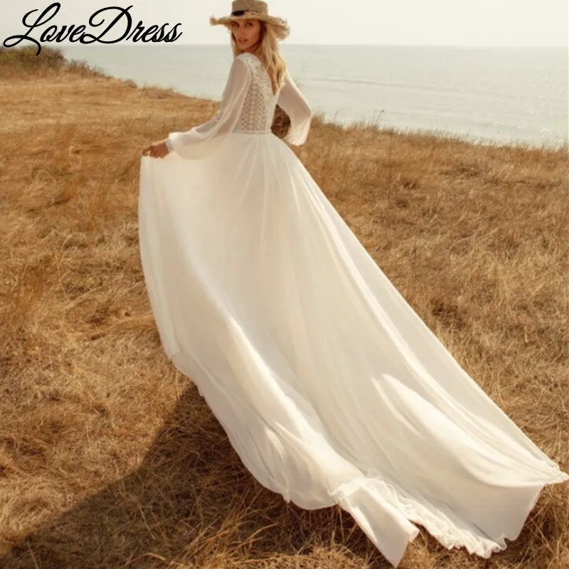 Customized Boho Deep V-Neck Wedding Dress Chiffon Long Lantern Sleeve Lace Appliques Simple Belt Bride Gown Backless Train 2025 2