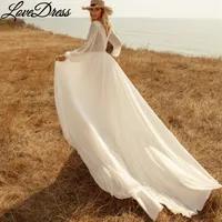 Customized Boho Deep V-Neck Wedding Dress Chiffon Long Lantern Sleeve Lace Appliques Simple Belt Bride Gown Backless Train 2025 2