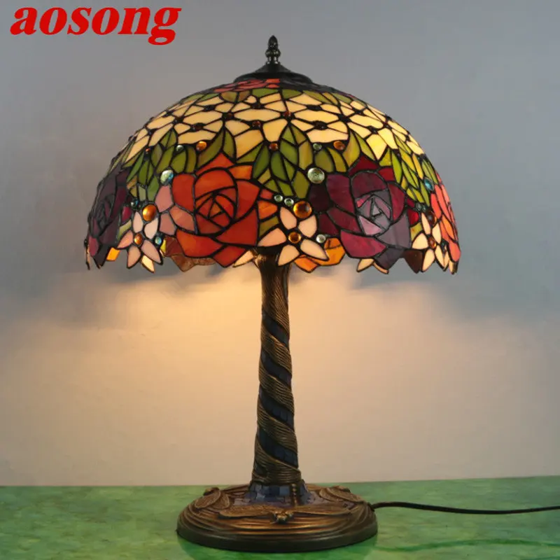 

AOSONG Tiffany Glass Table Lamp LED Creative Retro Flowers Desk Light Fashion Decor For Home Living Room Bedroom Bedside