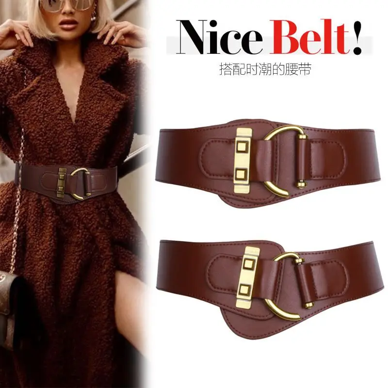

gothic Vintage All-Match Coffee Colour Genuine Leather Belt Women's Down Jackets Coat Dresses Elastic Wide Waistband Accessories