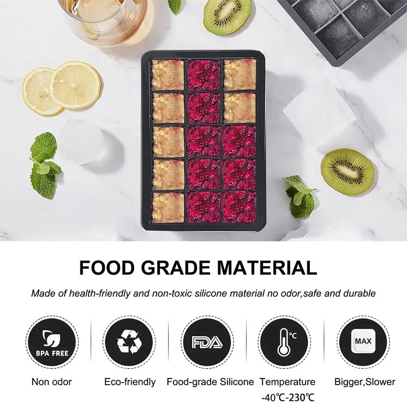 6/15 Grid Ice Cube Mold Big Square Flexible Silicone with Lid Stackable Freezer Container