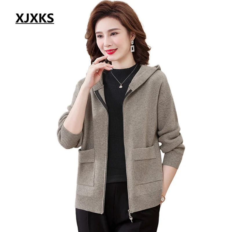 

XJXKS Fashion Hooded Women's Jacket 2022 Autumn And Winter Latest Zipper Cardigan Wool Knitted Sweater Coat Chaquetas