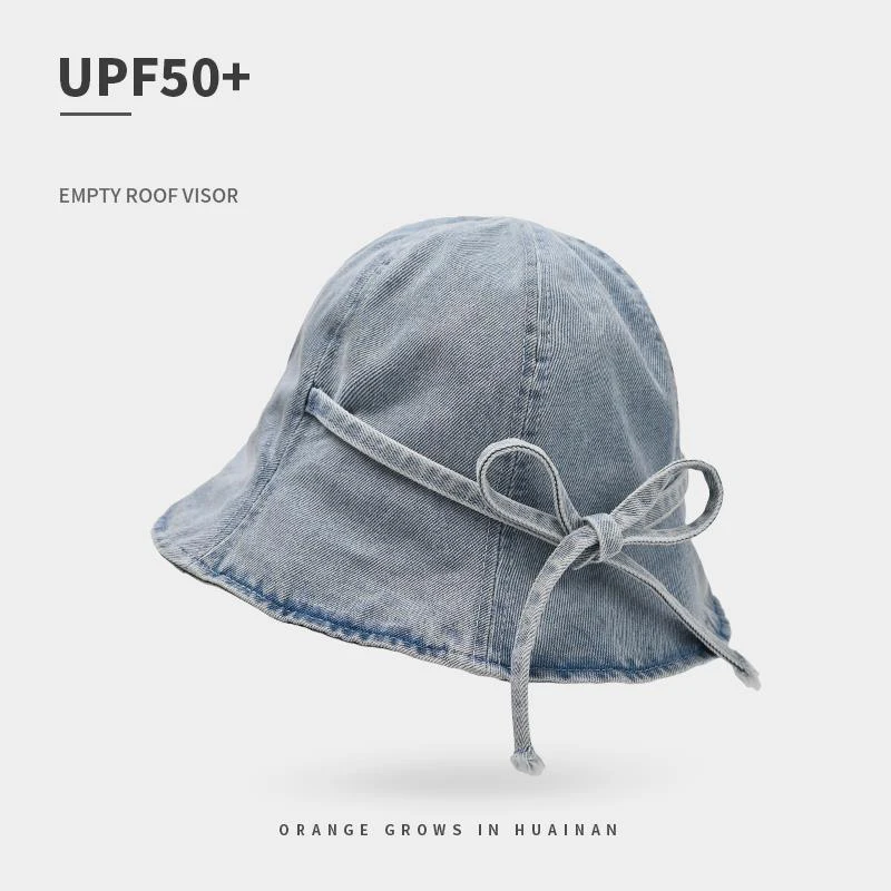 

Women's Thin Wash Denim Fisherman Hat Summer Sun Cap Bow Tie Vintage Korean Casual Bucket Basin Hat Fashion Travel Panama