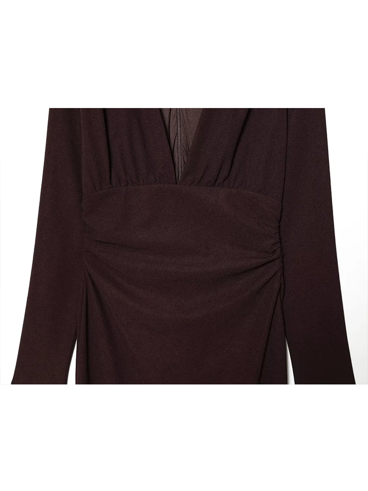 Women's Deep V Neck Dress Long Sleeve Folds Bodycon Sexy Elegant Evening Party Midi Dresses Fashion Solid Spring New Long Dress