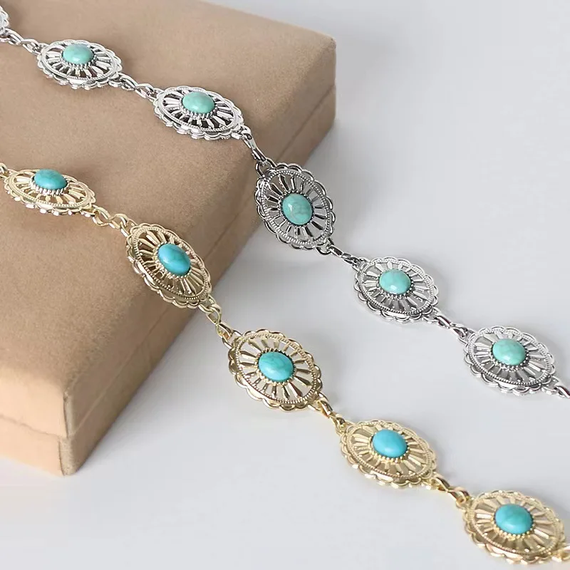

WESTERN TURQUOISE CONCHO BELT Adjustable Western Oval Metal Turquoise Stone Blue Metal Waist Link Chain Belt Women's Accessories