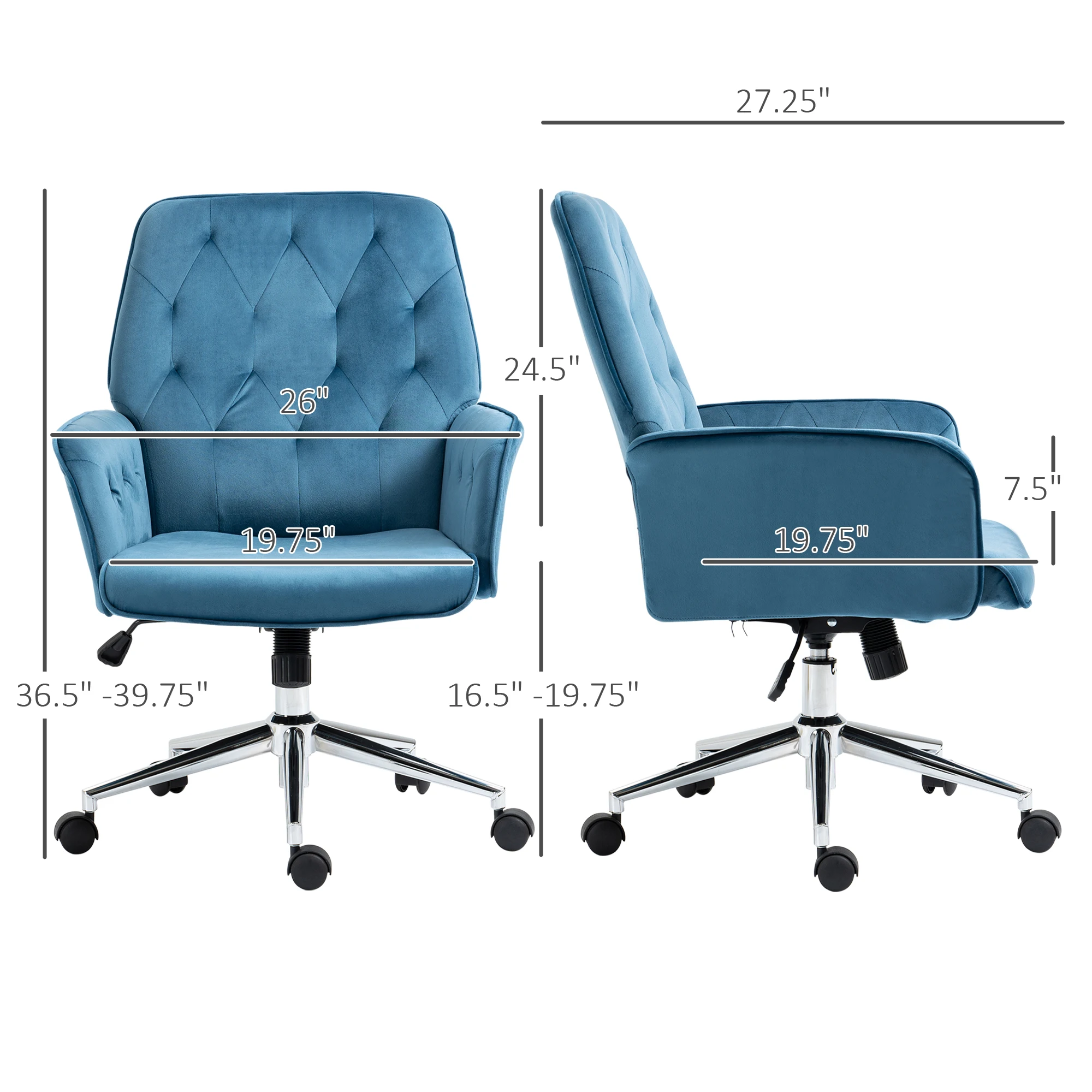 Vinsetto Velvet Home Office Chair, Tufted Height Adjustable Computer Desk Chair with Swivel Wheels and Padded Armrests 3
