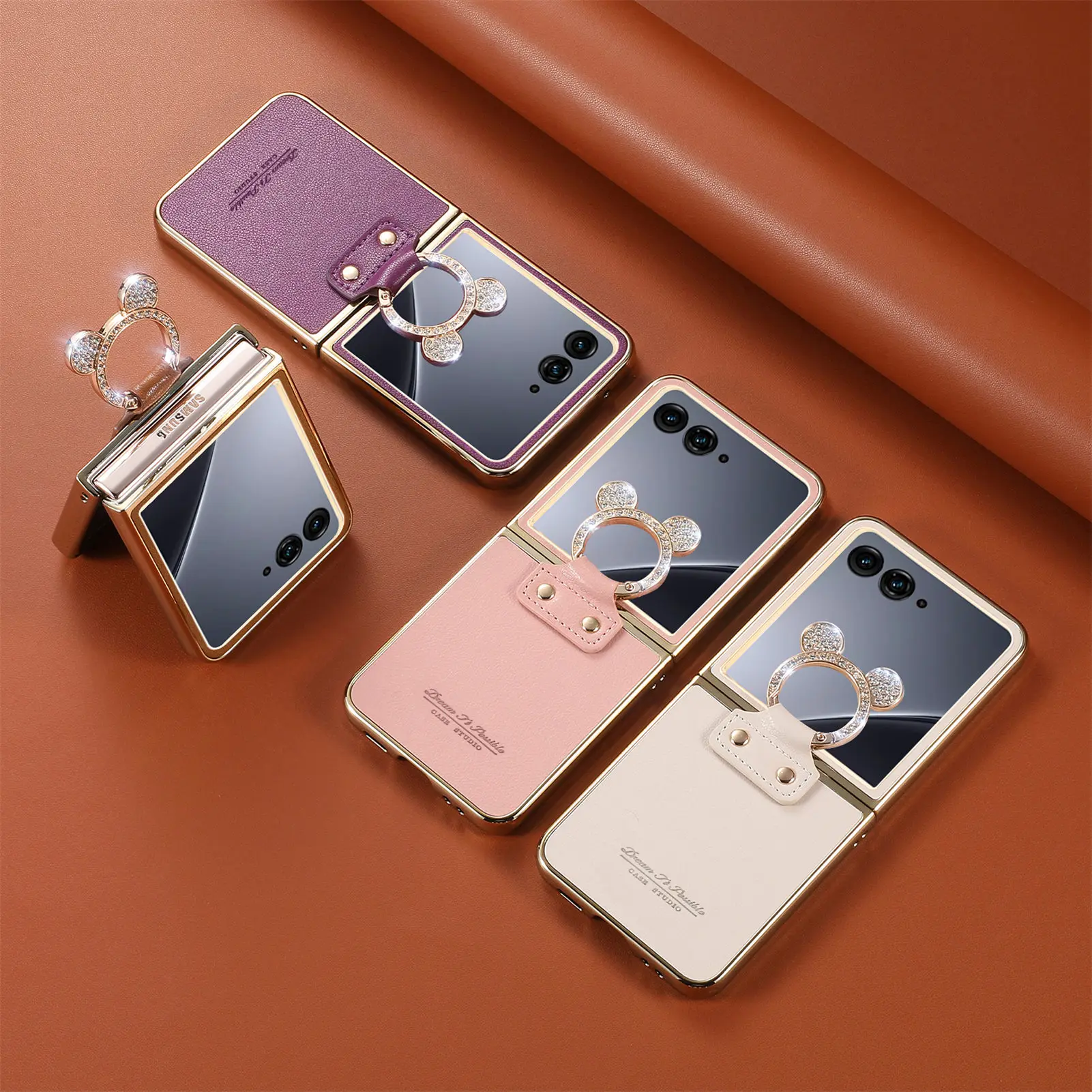 Elegant Magnetic Ring Holder Leather Case with Diamond Accents - Shockproof & Stylish Cover