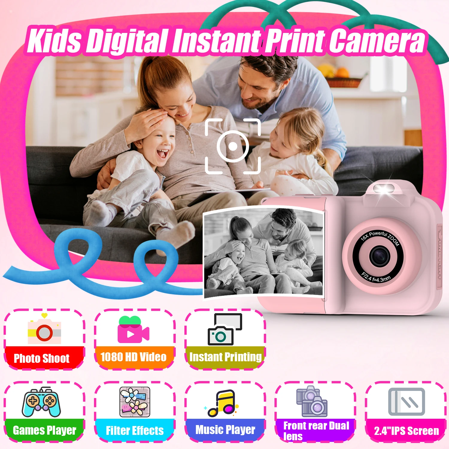 Instant Print Camera For Kids Mini Digital Video Camera Dual Lens Photo Printing Thermal Paper Toys Boys Girls Gifts