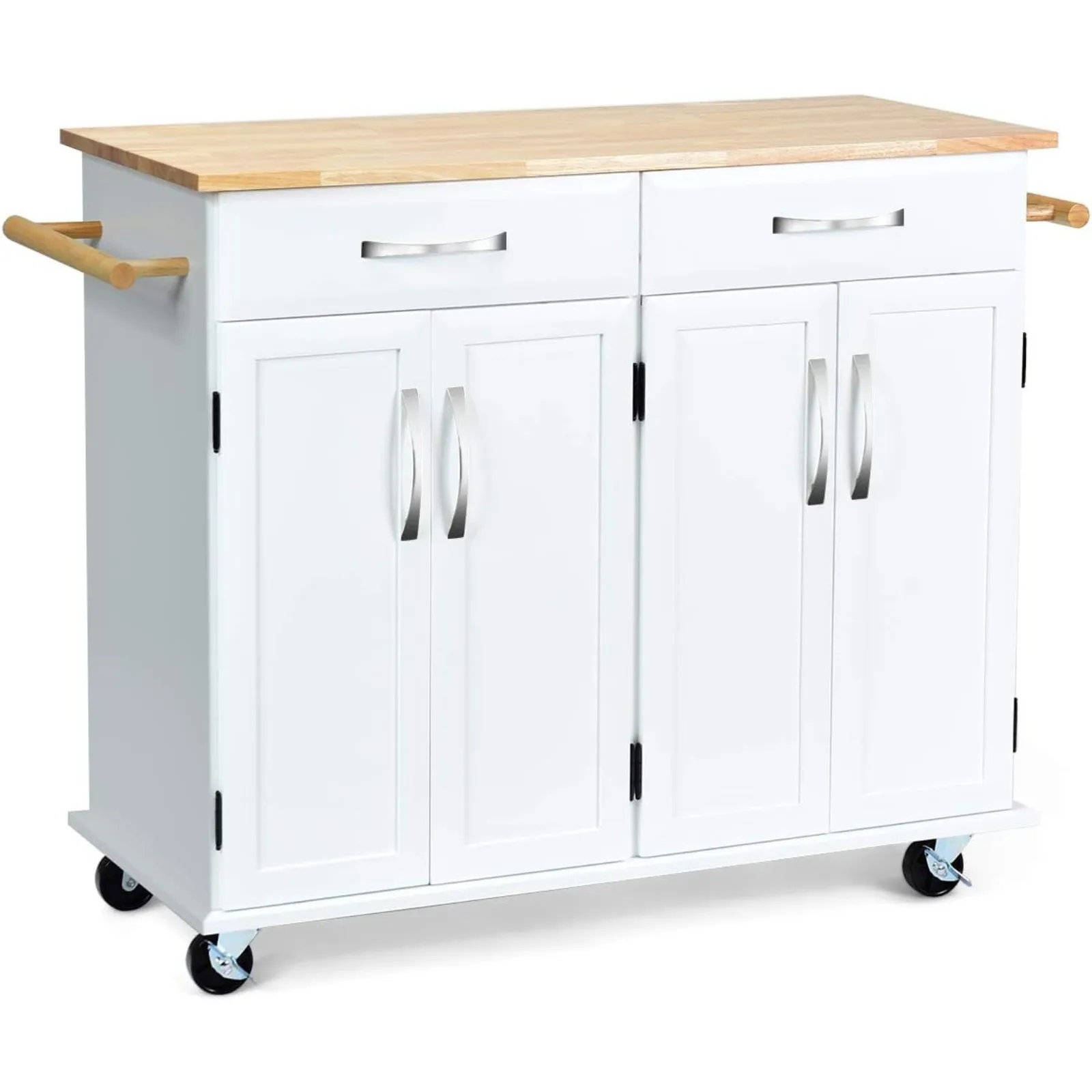 US Kitchen Trolley Cart, Rolling Utility Island w/Rubber Wood Top, Large Storage Easy-Clean with Smooth