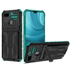 Hybrid Armor Card Slot Bracket Stand Holder Phone Case - Enhanced Protection Back Cover for OPPO A15S (Dark Green)