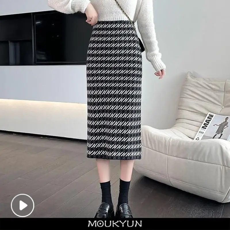 

MOUKYUN Autumn Winter Women's Knitted Pencil Skirts Elegant Houndstooth High Waist Casual Mi-long Wrap Skirts Female