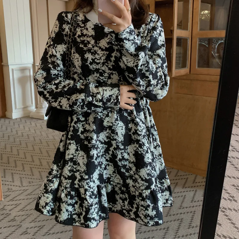 

Spring Short Dresses Fat Girl Plus Size Ladies Length Lond Dress Slim Print Round Neck A-line Long Sleeves Dresses for Women