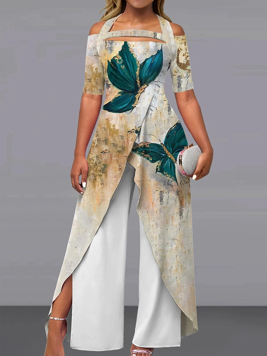 2023 Newly Women Jumpsuit Lady Short sleeve Romper Female  Loose Fashion Wide Leg pants Outfit Clothes Party Playsuit