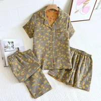 2026 New Spring/Summer Pajamas Three Piece Set Thin 100%Cotton Crepe Ladies Short Sleeves+Shorts+Pants Flip Collar Home Suit Set - Image 2