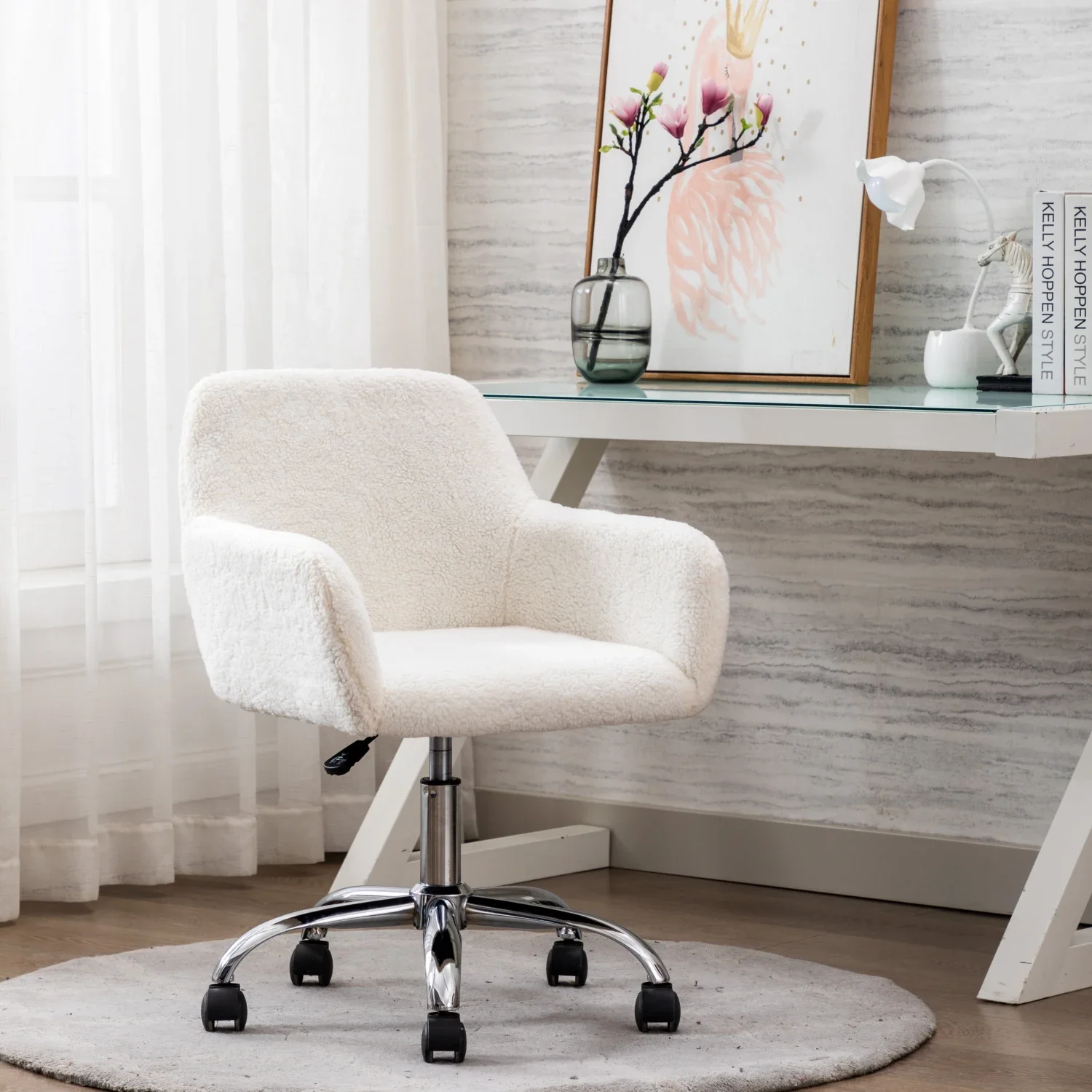 

HengMing Faux Fur Home Office Chair,Fluffy Fuzzy Comfortable Makeup Vanity Chair ,Swivel Desk Chair Height Adjustable Dressing C