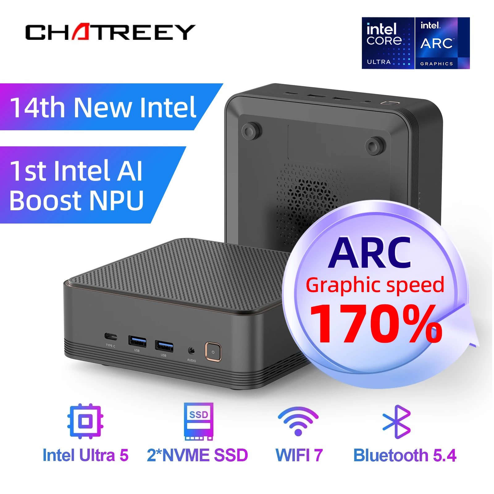 Chatreey 미니 PC F2M 인텔 울트라 5 125H 게이밍 데스크탑 컴퓨터, NVME SSD, 와이파이 7 BT 5.4 HD 윈도우 11 프로