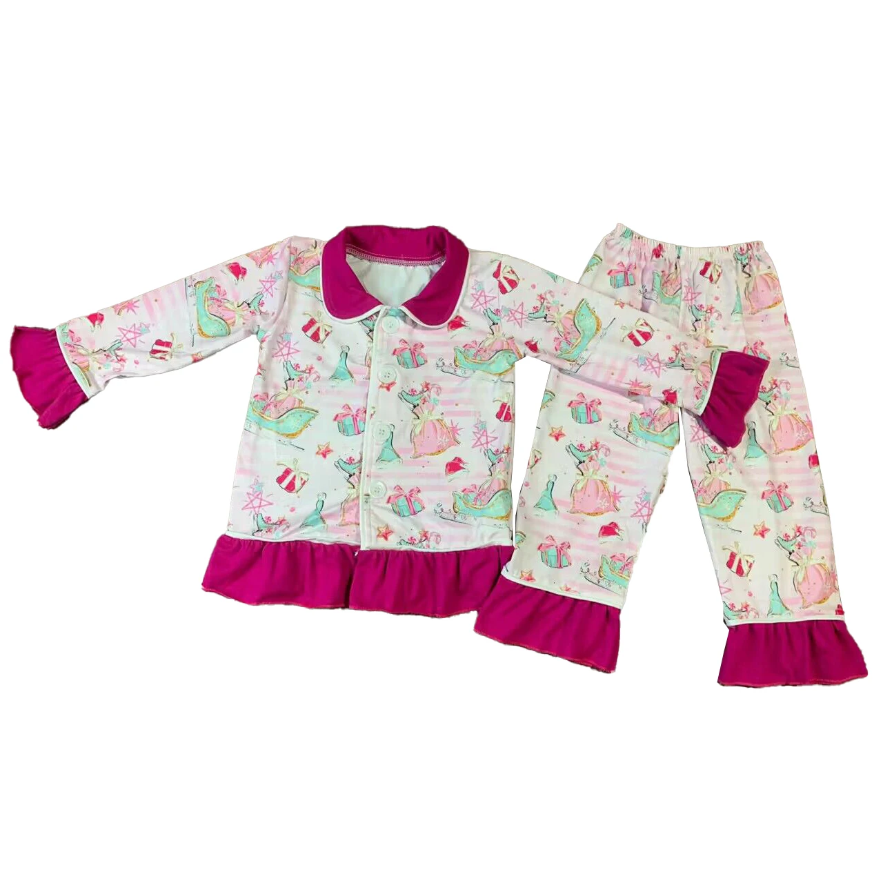

Boutique Girls Christmas Clothes Toddler Girls Nightwear Clothing Set Cartoon Print Children Ruffle Pajamas Kids Sleepwear