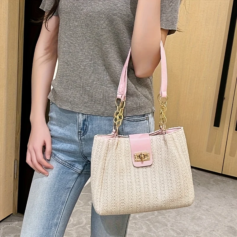 Elegant Women's Woven Fabric Shoulder Bag with Adjustable Chain Strap Front Flap Button Closure Professional Use, Woven Handbag
