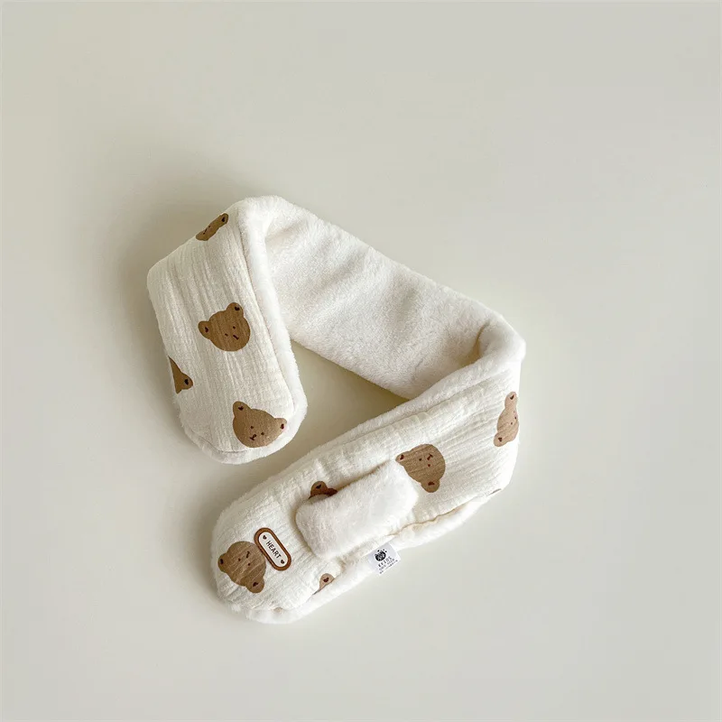 Cute Bear Baby Scarf Winter Warm Plush Cross Neckerchief for Boy Girl Korean Cartoon Print Faux Fur Kids Neck Collar