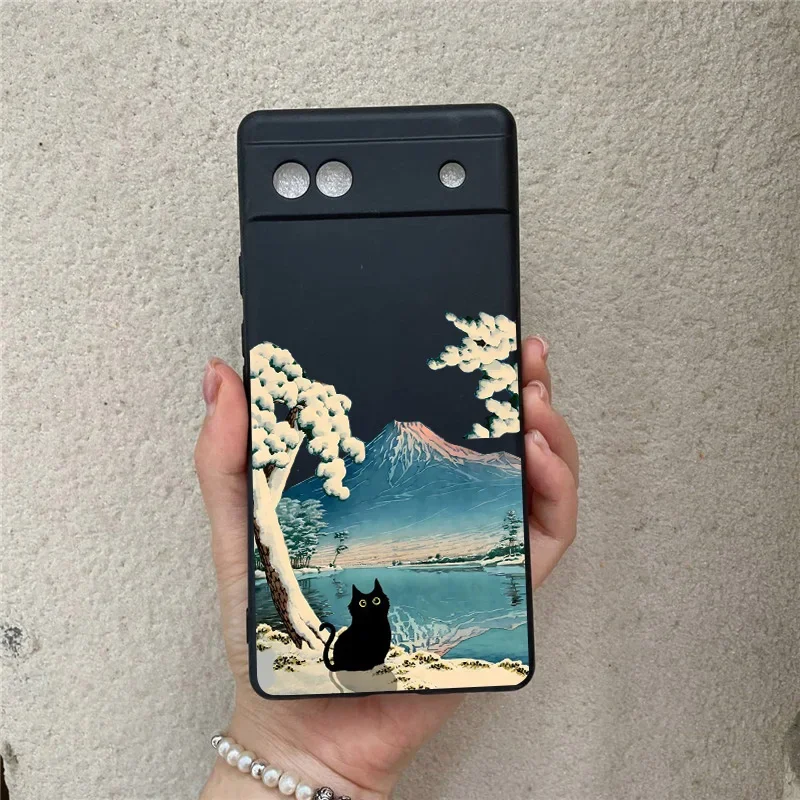 Japanese Aesthetic Black Cat Landscape Soft Silicone Phone Case