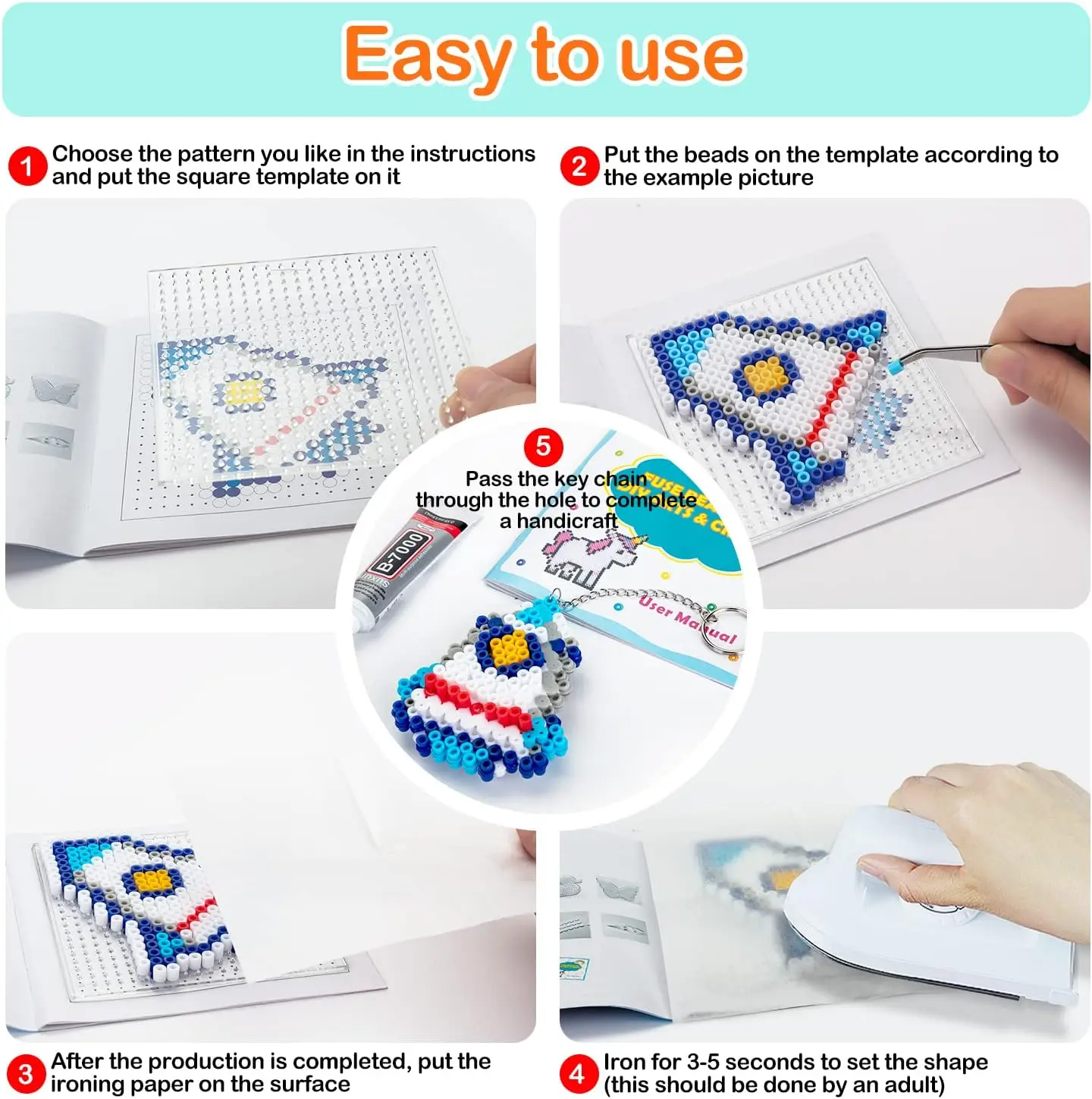 10000 Pcs Fuse Beads Craft Set, Creative DIY Kit with Storage Box, Pegboards, Ironing Paper Chain Accessories Colorful Crafts 3