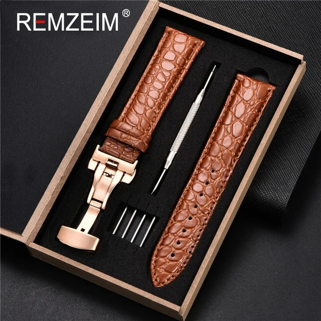 Luxury Embossed Leather Watch Strap with Butterfly Clasp