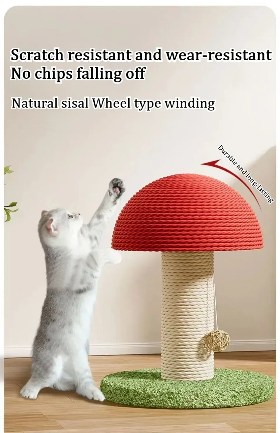 A gray cat scratches KittyNook Cat Co.'s Decorative Cat Climbing Post with a red top and green base.